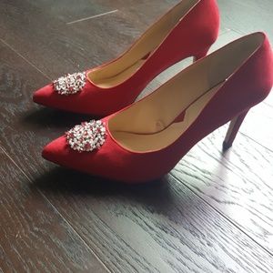 Red velvet rhinestone pump heels